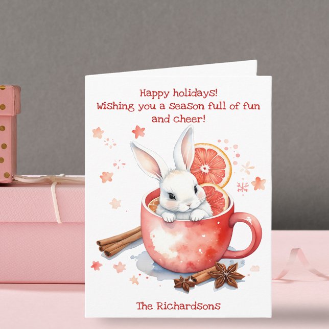 Watercolor Winter Bunny Hot Cocoa Family Holiday Card (Creator Uploaded)
