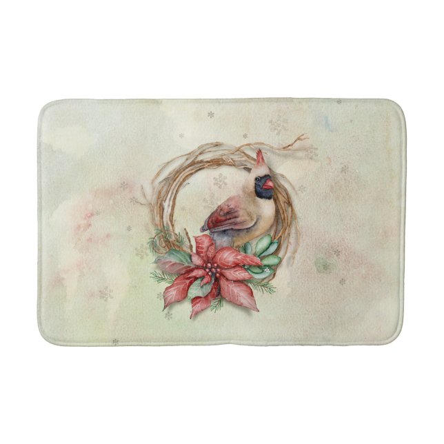 Watercolor Winter Cardinal Bath Mat (Front)