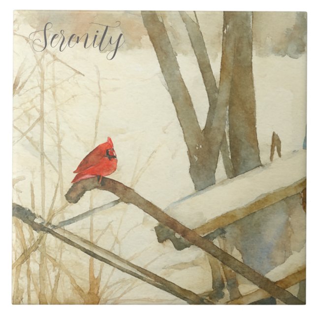 Watercolor Winter Cardinal Ceramic Tile (Front)