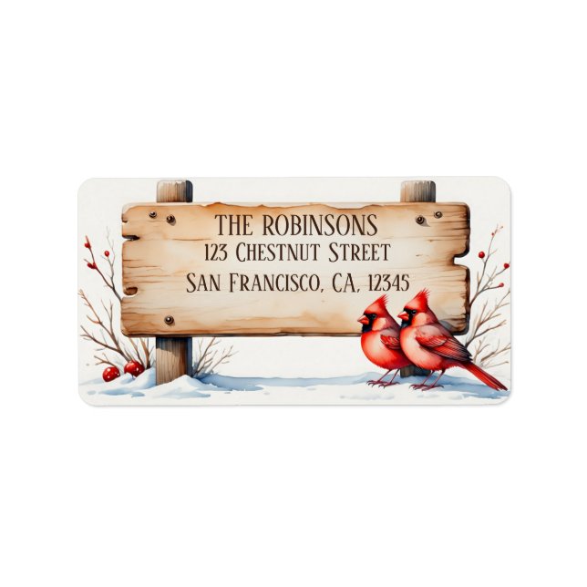 Watercolor Winter Cardinals with Wooden Sign Label (Front)