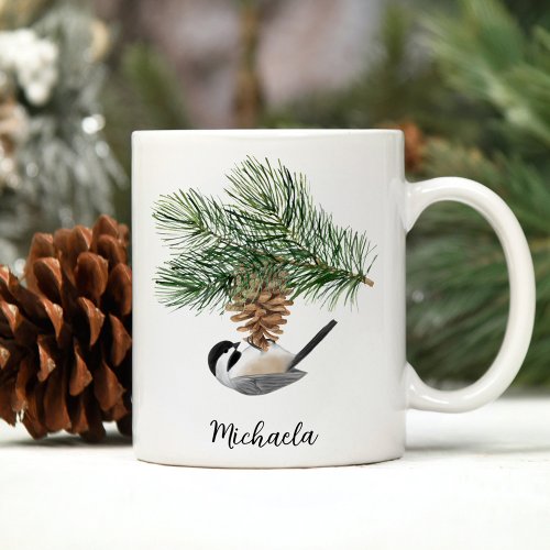 Watercolor Winter Chickadee on Pine Cone Coffee Mug