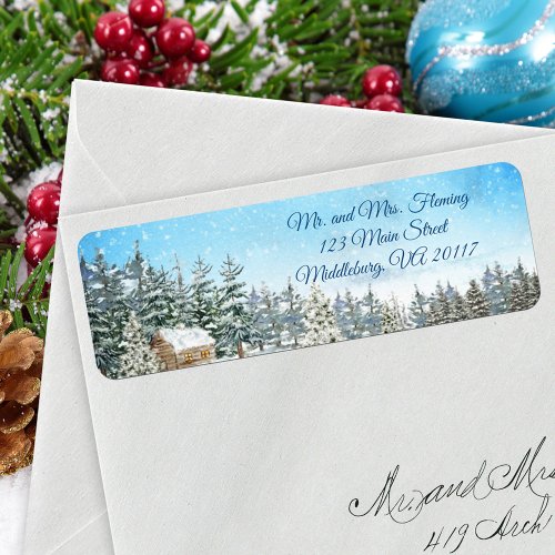 Watercolor Winter Christmas Forest Cabin Label