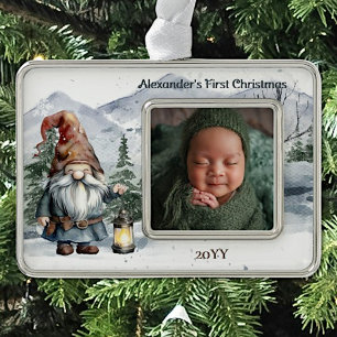 Watercolor Winter Christmas Gnome Baby Photo Christmas Ornament