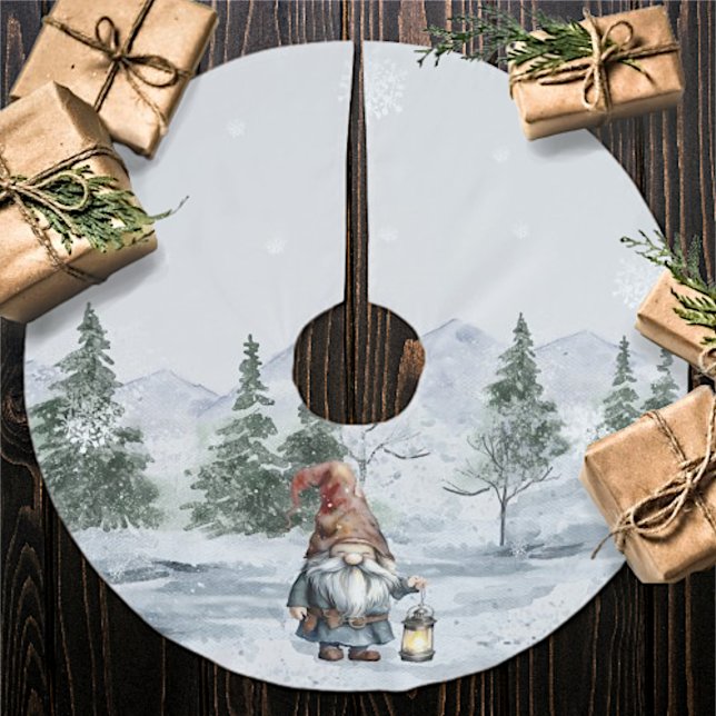 Watercolor Winter Christmas Gnome Brushed Polyester Tree Skirt (Watercolor Winter Christmas Gnome Tree Skirt)