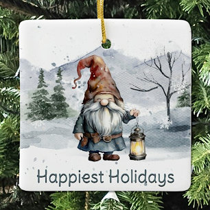 Watercolor Winter Christmas Gnome Ceramic Ornament