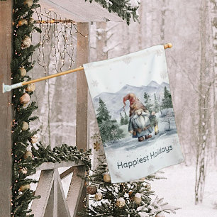 Watercolor Winter Christmas Gnome House Flag