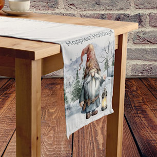 Watercolor Winter Christmas Gnome Medium Table Runner