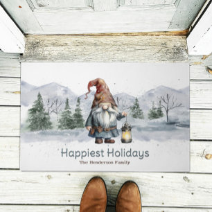 Watercolor Winter Christmas Gnome Personalized Doormat