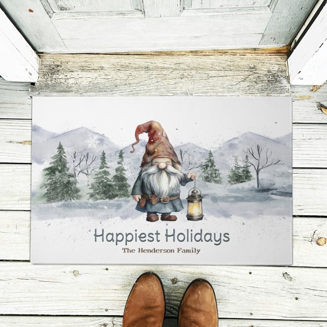 Watercolor Winter Christmas Gnome Personalized Doormat (Watercolor Winter Christmas Gnome Personalized Doormat)
