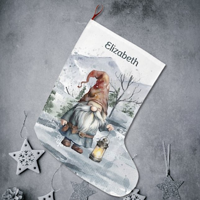Watercolor Winter Christmas Gnome Personalized Large Christmas Stocking (Watercolor Winter Christmas Gnome Stocking)