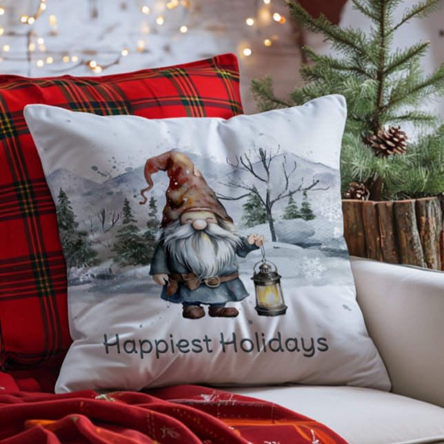 Watercolor Winter Christmas Gnome Throw Pillow (Watercolor Winter Christmas Gnome Throw Pillow)