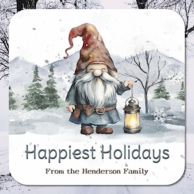 Watercolor Winter Christmas Gnome | White Square Sticker (Watercolor Winter Christmas Gnome Personalized Square Sticker)