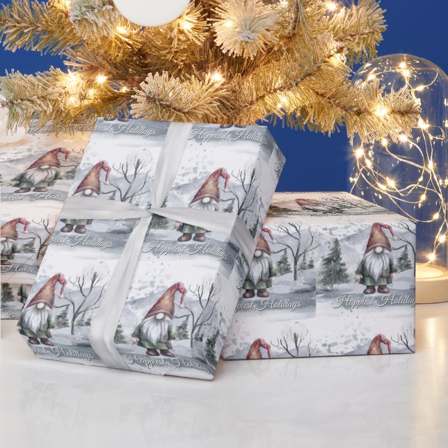 Watercolor Winter Christmas Gnome Wrapping Paper (Holidays)