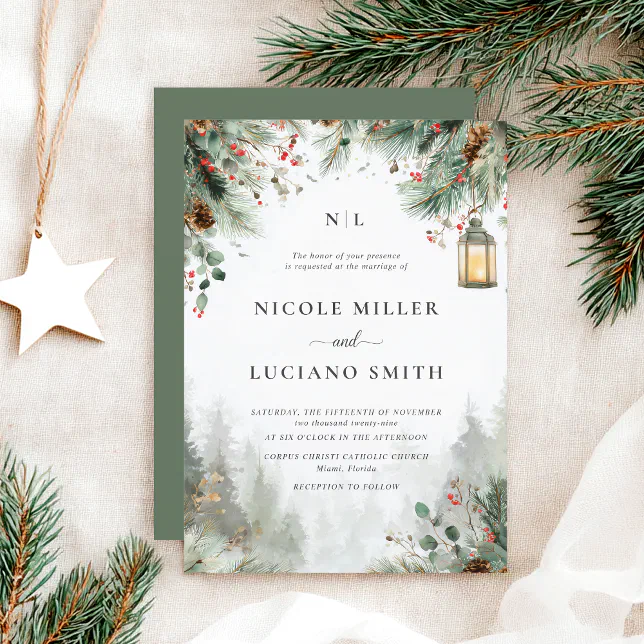 Watercolor Winter Christmas Greenery Wedding Invitation | Zazzle