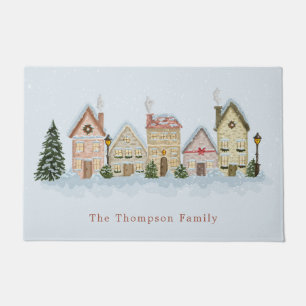Watercolor Winter Christmas Village Family Name Doormat
