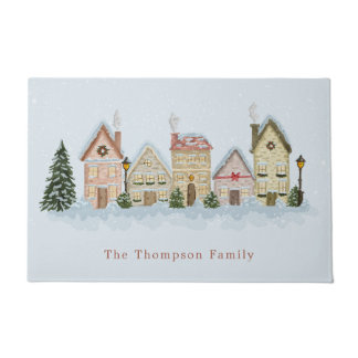 Watercolor Winter Christmas Village Family Name Doormat
