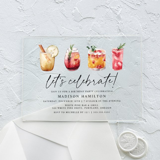 Watercolor Winter Cocktails Birthday Party Acrylic Invitations (Creator Uploaded)