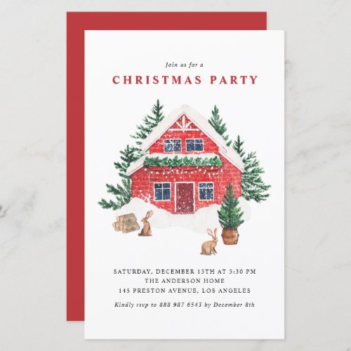 Watercolor Winter Cottage Christmas Party Invite