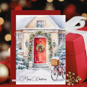Watercolor Winter Cottage Red Door Merry Christmas Holiday Card