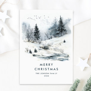 Watercolor Winter Country Landscape Christmas Holiday Card