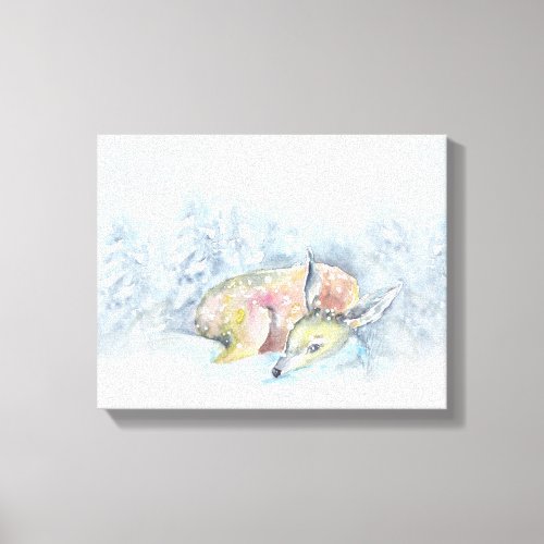 Watercolor Winter Deer in Snow Canvas Print