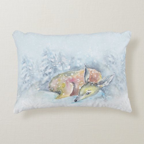 Watercolor Winter Deer in Snow Decorative Pillow