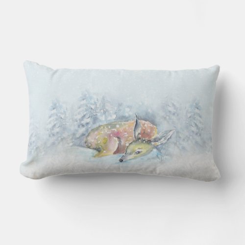 Watercolor Winter Deer in Snow Lumbar Pillow