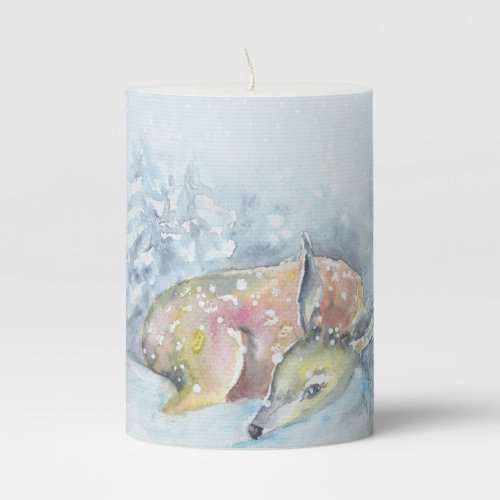 Watercolor Winter Deer in Snow Pillar Candle