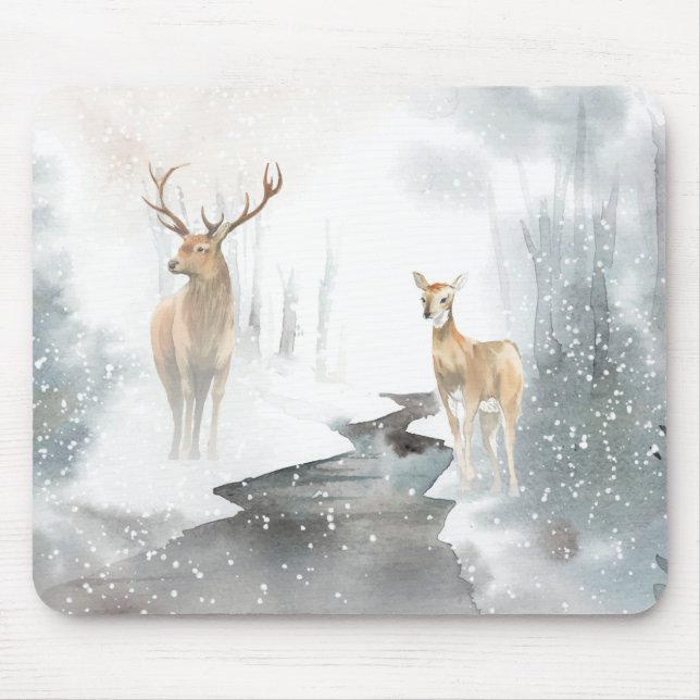 Watercolor Winter Deer Scene Mouse Pad (Front)
