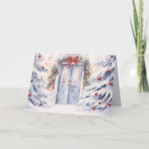 Watercolor Winter Door With Christmas Ornaments Holiday Card