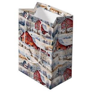 Watercolor Winter Farmstead with Red Barns Medium Gift Bag