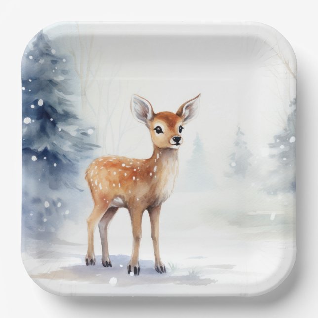 Watercolor Winter Fawn Paper Plates (Front)