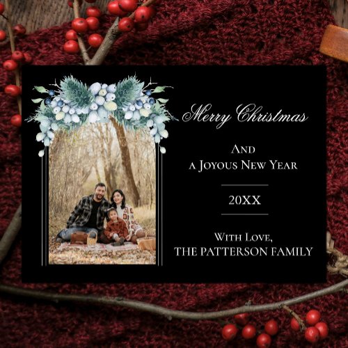 Watercolor Winter Floral Arch Photo  Black Holiday Card