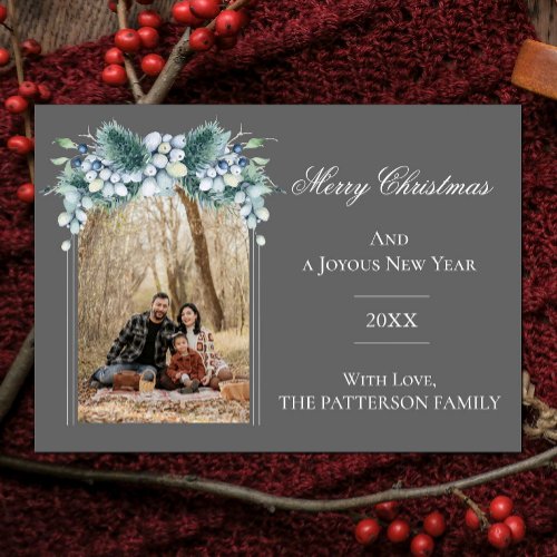 Watercolor Winter Floral Arch Photo  Gray Holiday Card