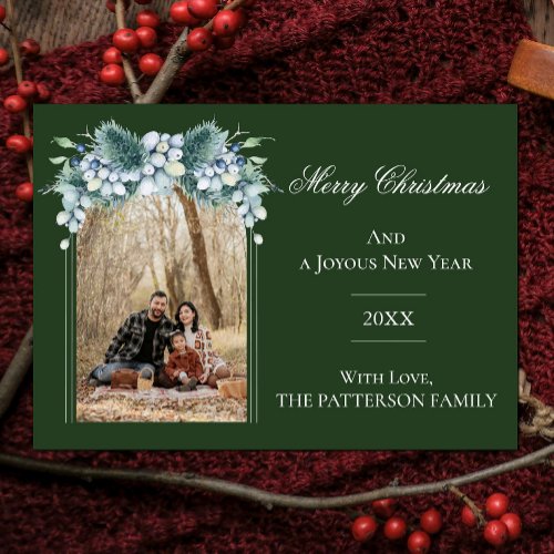 Watercolor Winter Floral Arch Photo  Green Holiday Card