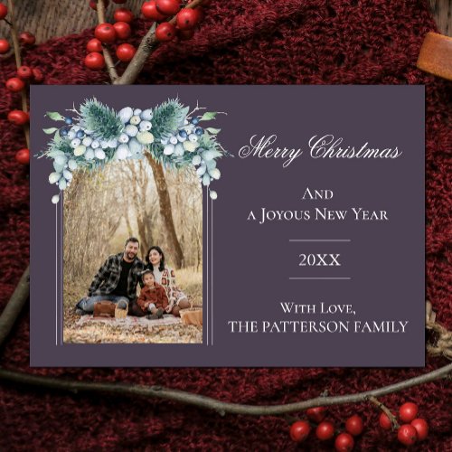 Watercolor Winter Floral Arch Photo  Purple Holiday Card