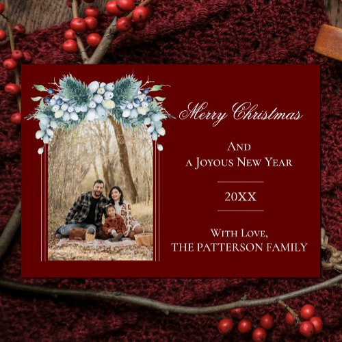 Watercolor Winter Floral Arch Photo  Red Holiday Card