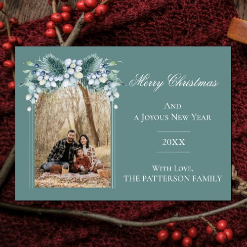 Watercolor Winter Floral Arch Photo  Teal Holiday Card