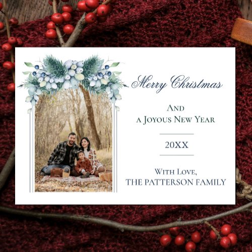 Watercolor Winter Floral Arch Photo  White  Holiday Card