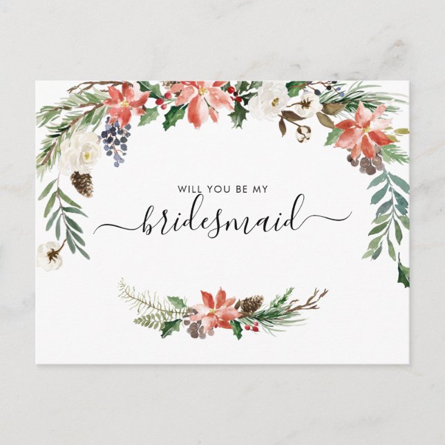 Watercolor Winter Floral | Be My Bridesmaid Postcard (Front)
