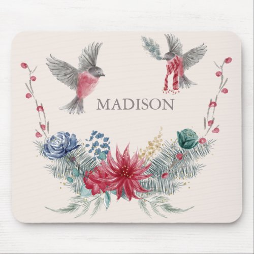 Watercolor Winter Floral Birds Poinsettias Name Mouse Pad