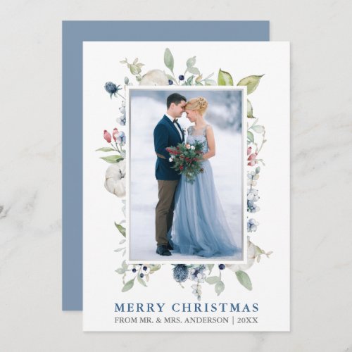 Watercolor Winter Floral Blue Silver Newlywed Holiday Card