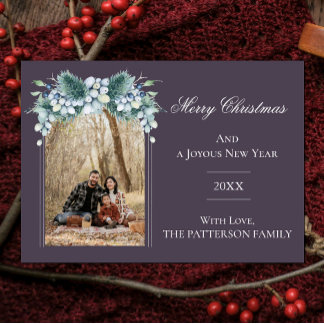 Watercolor Winter Floral Boho Arch Photo | Purple Holiday Card
