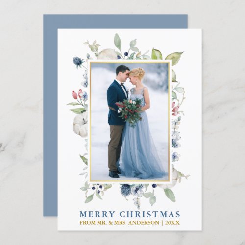Watercolor Winter Floral Dusty Blue Gold Newlywed Holiday Card