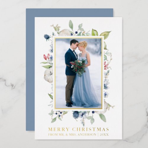 Watercolor Winter Floral Dusty Blue Newlywed Gold Foil Holiday Card