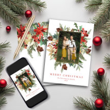 Watercolor Winter Floral Gold Foil Christmas Photo