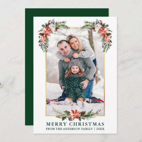 Watercolor Winter Floral Gold Frame Photo Green Holiday Card