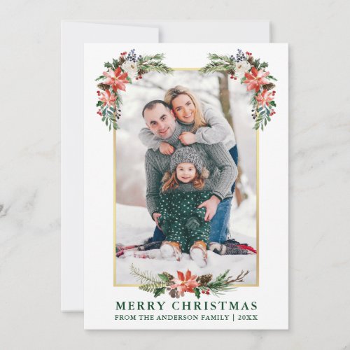 Watercolor Winter Floral Gold Frame Photo Holiday Card