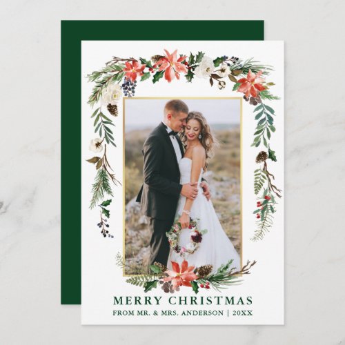 Watercolor Winter Floral Gold Green Newlywed Holiday Card