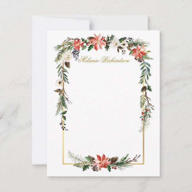 Watercolor Winter Floral Gold Personalized Note Card (Front)